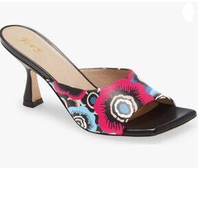 FOWT Blue Red Square Open Toe Slip on Black Heeled Mules Walking Slides Slippers